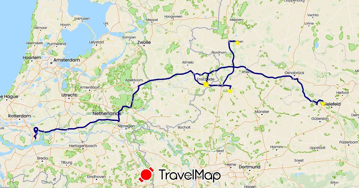 TravelMap itinerary: driving, hiking in Germany, Netherlands (Europe)